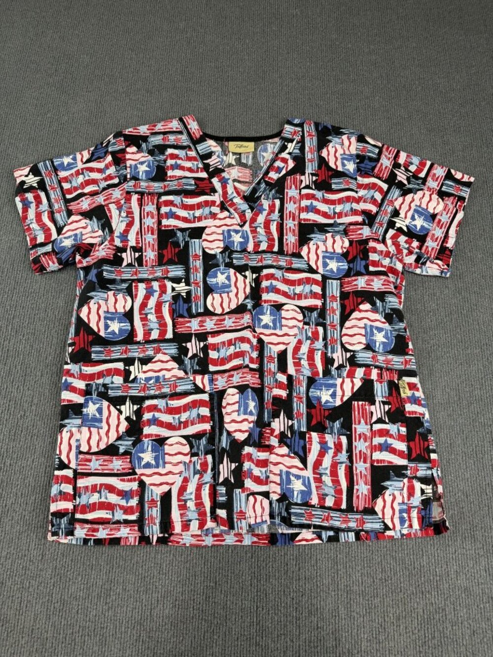 Tafford Womens Red White & Blue Stars Patriotic Short Sleeve V-Neck Scrub Top XL